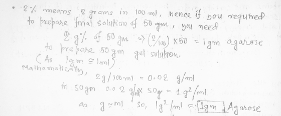 ..2% means 2 grams in 100 mi, hence if you required to prepare final solution of 50am, you need h 2 g% of 50gm :-) (2/100) 85