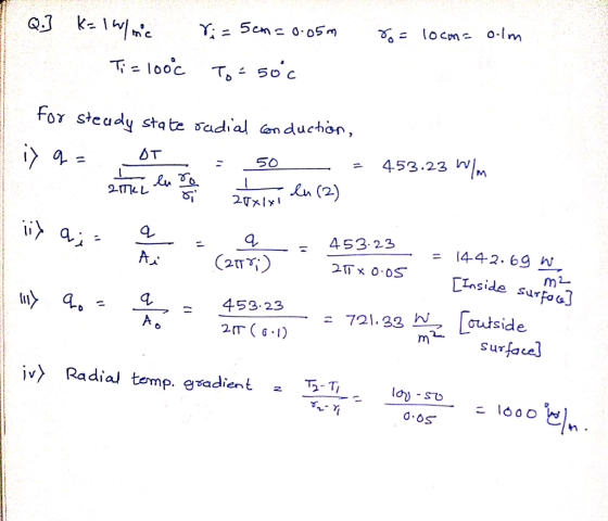 I Q.] K=1W/mc Ti= 100€ ro= locom- olm 8;= 5 cm = 0.05m To= 50c 2TIL 21x1x1 for steady state radial conduction, C 199= Loewe 5