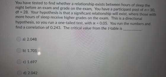 You have tested to find whether a relationship exists between hours of sleep the night before an exam and grade on the exam, You have a participant pool of n 30, df = 28. more hours of sleep receive higher grades on the exam. This is a directional hypothesis, so you run a one-tailed test, with o 0.05. You run the numbers and find a correlation of 0.243. The critical value from the t-table is Your hypothesis is that a significant relationship will exist, where those with a) 2.048 b) 1.701 c) 1.697 d) 2.042