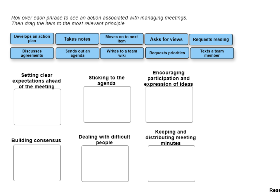Roll over each phrase to see an action associated with managing meetings. Then drag the item to the most relevant principle.