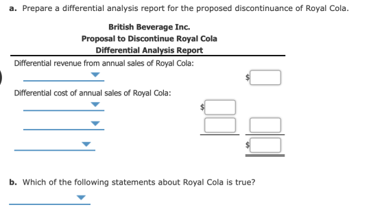 a. Prepare a differential analysis report for the proposed discontinuance of Royal Cola British Beverage Inc. Proposal to Dis
