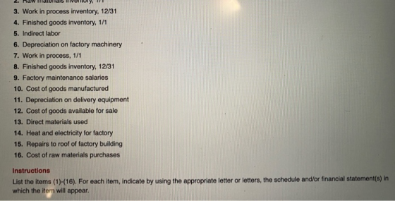 2. haw Halellais liveltuly, 3. Work in process inventory, 12/31 4. Finished goods inventory, 1/1 5. Indirect labor 6. Depreci