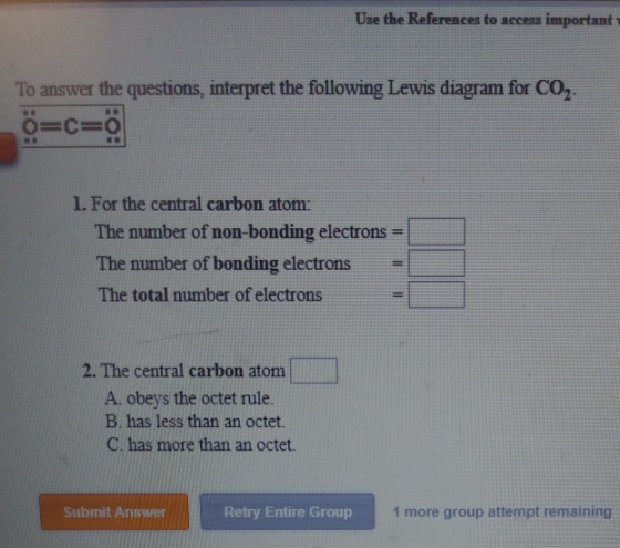 Use the References to access important To answer the questions, interpret the following Lewis diagram for CO, O=CIO 1. For th