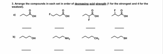 3. Arrange the compounds in each set in order of decreasing acid strength (1 for the strongest and 4 for the weakest). Блмон