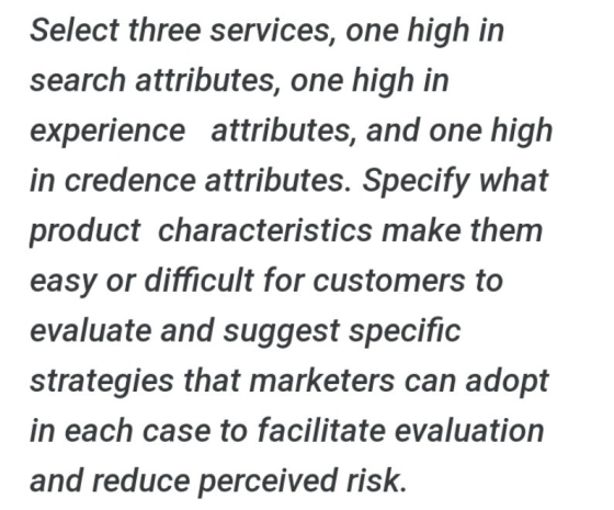 Select three services, one high in search attributes, one high in experience attributes, and one high in credence attributes.