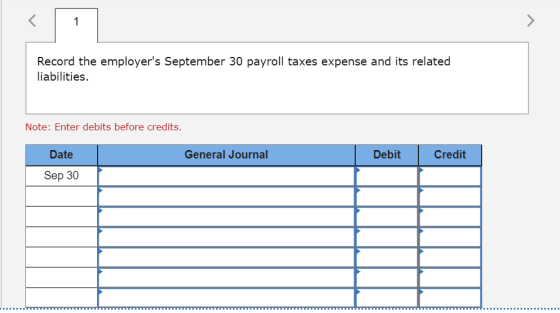 Record the employers September 30 payroll taxes expense and its related liabilities. Note: Enter debits before credits. Date