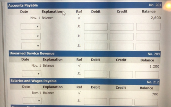 Accounts Payable Date Explanation Nov. 1 Balance Ref Debit Credit No. 201 Balance 2,600 Unearned Service Revenue Date Explana