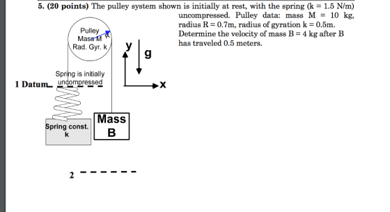 5. (20 points) The pulley system shown is initially at rest, with the spring (k-1.5 N/m) Pulley Mass M Rad. Gyr. k uncompressed. Pulley data: mass M 10 kg, radius R-0.7m, radius of gyration k- 0.5m Determine the velocity of mass B 4 kg after B has traveled 0.5 meters. 9 Spring is initially 1 Datum. undompressed Mass pring const. 2