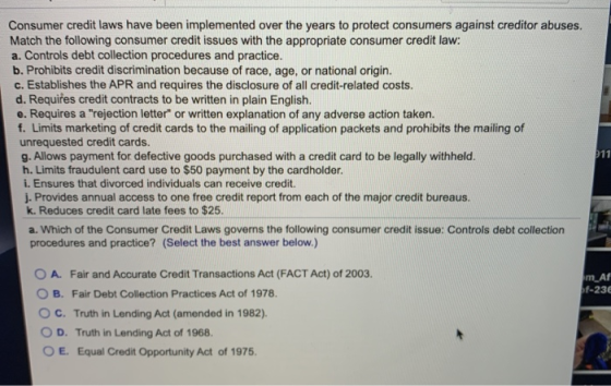 Consumer credit laws have been implemented over the years to protect consumers against creditor abuses. Match the following c