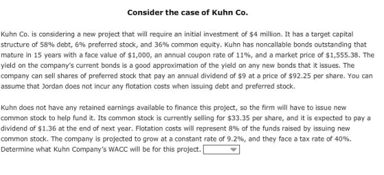 Consider the case of Kuhn Co. Kuhn Co. is considering a new project that will require an initial investment of $4 million. It