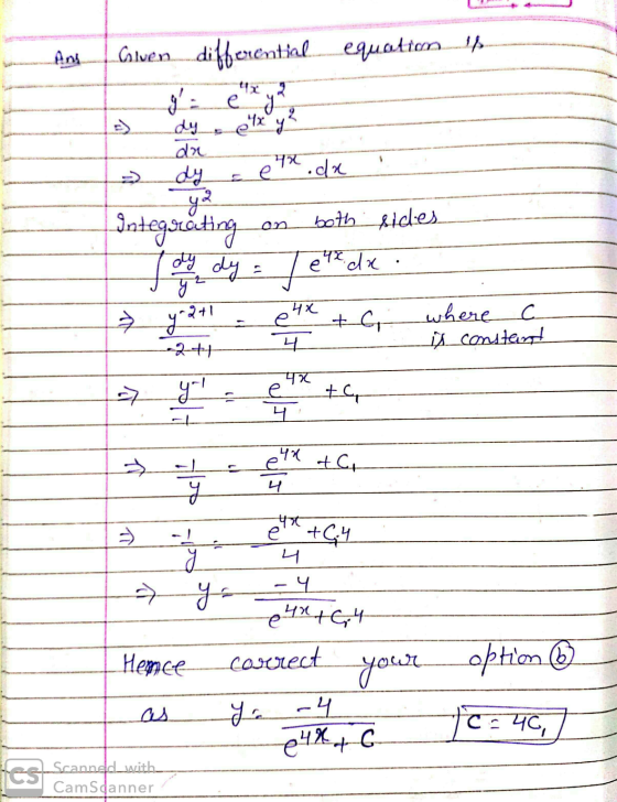 Given differential equattom y = e e y y? dac मत्र oda both sides ya Integrčeting dy y-2+1 dy 4x da 2 ý 40 +GI where is consta