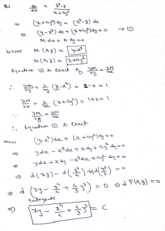 =0 » (x+4y²) dy = (234) dx s (y - 3) dx + ( a +4y) dy = 0 a mdat N dy zo where M(x,y)= (y-x3] N(x,y)= [tay? Equato com os exa