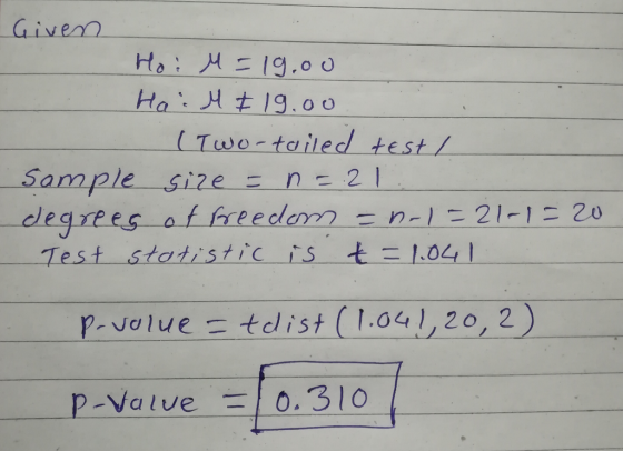 Giverrn Hs : 서 드 19.00 (Two-tailedd test/ degrt es of freeder21-1 20 P-voluetdist (1.04 l, 20, 2) 0.310 sample -size n-2 \ Test Statistic rs t = 1,041 p-Valve