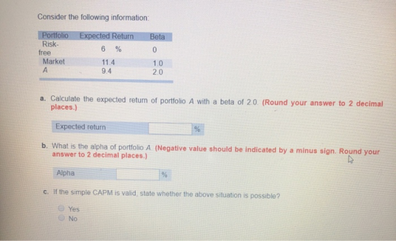 Consider the following information: Beta Portfolio Risk- free Market Expected Return 6 % 11.4 9.4 20 a. Calculate the expecte