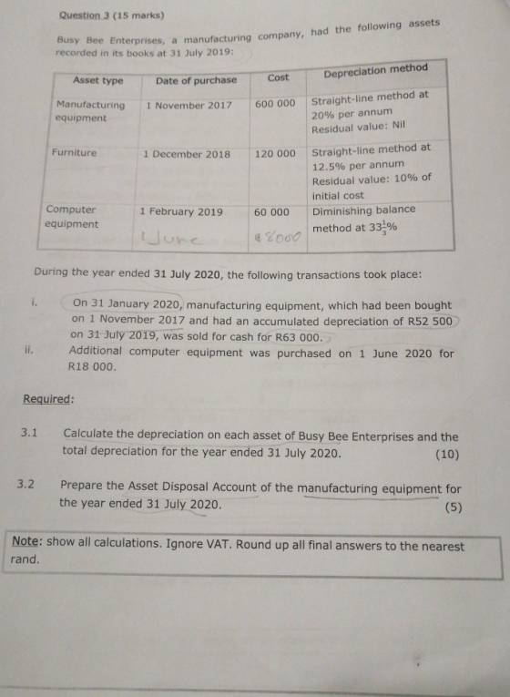 Question 3 (15 marks) Busy Bee Enterprises, a manufacturing company, had the following assets recorded in its books at 31 Jul