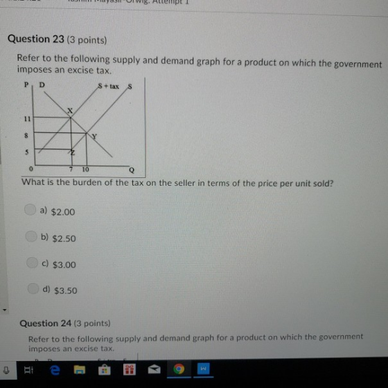 Question 23 (3 points) Refer to the following supply and demand graph for a product on which the government imposes an excise