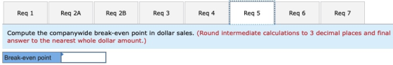 Req 1 Req 2A Req 2B Req3 Req 4 Reg 5 Req 6 Req 7 Compute the companywide break-even point in dollar sales. (Round intermediat