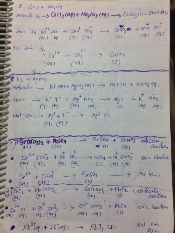 d. Call2 + moleculor Eq. Na₂CO3 Caci + Naz(O3(aq) - Cacoz (s) + 2Naci@9) Caco + 2Na 20 jenic Eq. (a2+211 + anat coz (09) (1)