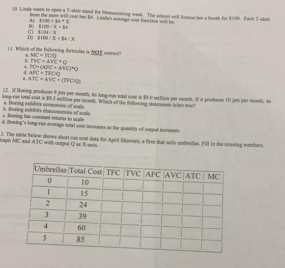 10. Linda wants to open a T-shirt stand for Homecoming week. The school will license her a booth for $100. Each T-shirt from