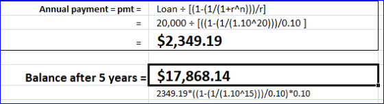 Annual payment = pmt= Loan = [(1-(1/(1+r^n)))/r] 20,000 = [((1-(1/(1.10^20)}}/0.10 ] $2,349.19 Balance after 5 years = $17,86