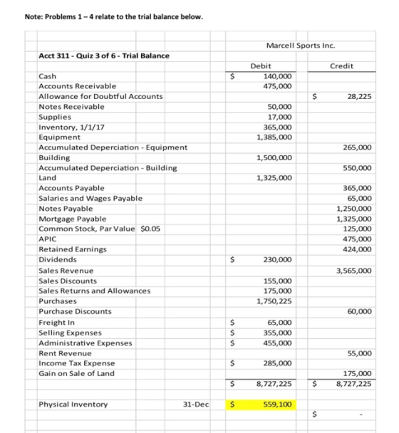 Note: Problems 1-4 relate to the trial balance below. Marcell Sports Inc. Acct 311 - Quiz 3 of 6 - Trial Balance Credit Debit
