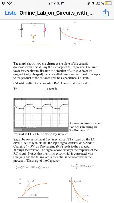 2:17 p. m. 1 32% Listo Online_Lab_on_Circuits_with_... ☺ The graph shows how the charge at the plate of the capaciti decrease