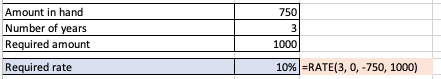 Amount in hand 750 Number of years 1000 Required amount 10%RATE ( 3, 0, -750, 1000) Required rate