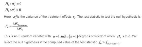 o oF Here σ2 is the variance of the treatment effects τ. The test statistic to test the null hypothesis is MSts oMS This is a