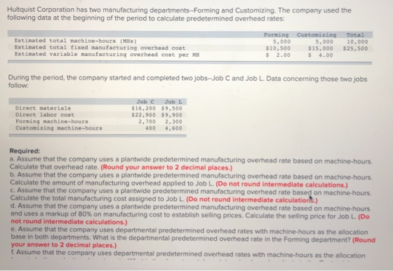 Hultquist Corporation has two manufacturing departments-Forming and Customizing. The company used the following data at the b
