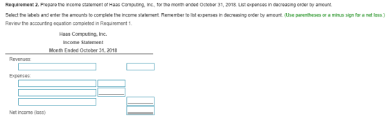 Requirement 2. Prepare the income statement of Haas Computing, Inc., for the month ended October 31, 2018. List expenses in d