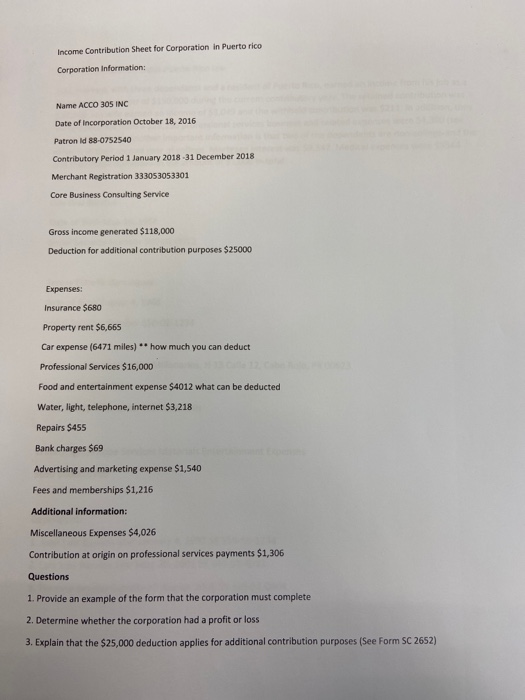 Income Contribution Sheet for Corporation in Puerto rico Corporation Information: Name ACCO 305 INC Date of incorporation Oct