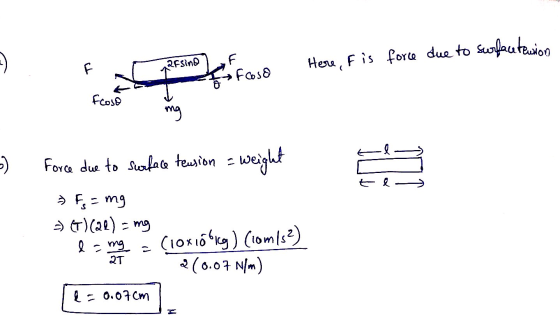 surfacetension 2fsino Here, F is force due to Fcoso fcoso mg Force due to surface tension = weight t e = F = mg =) (T) (21) =