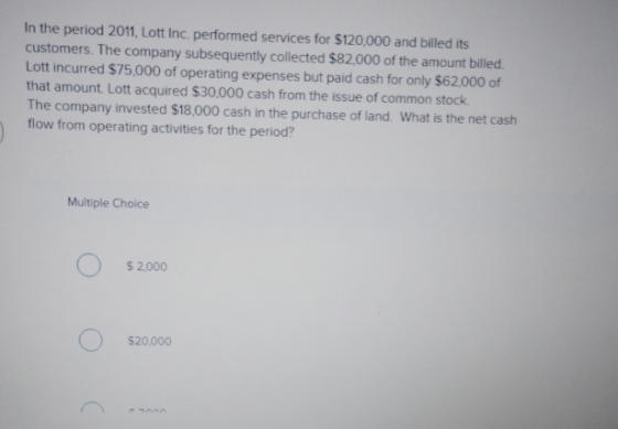 In the period 2011. Lott Inc, performed services for $120,000 and billed its! customers. The company subsequently collected $