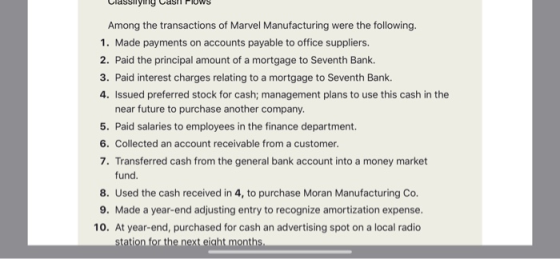 Classyily Casil PIUWS Among the transactions of Marvel Manufacturing were the following. 1. Made payments on accounts payable