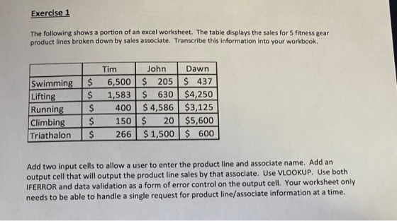 Exercise 1 The following shows a portion of an excel worksheet. The table displays the sales for 5 fitness gear product lines
