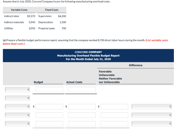 Assume that in July 2020, Concord Company incurs the following manufacturing overhead costs. Variable Costs Fixed Costs Indir