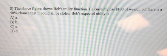 8) The above figure shows Bobs utility function. He currently has $100 of wealth, but there is a 50% chance that it could al