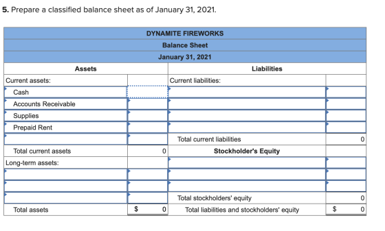 5. Prepare a classified balance sheet as of January 31, 2021. DYNAMITE FIREWORKS Balance Sheet January 31, 2021 Assets Liabil