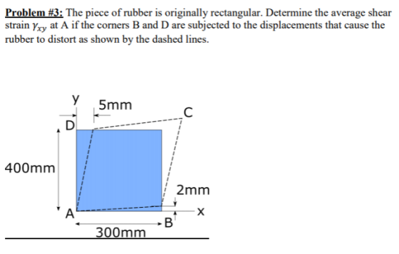 Problem #3: The piece of rubber is originally rectangular. Determine the average shear strain Yxy at A if the corners B and D