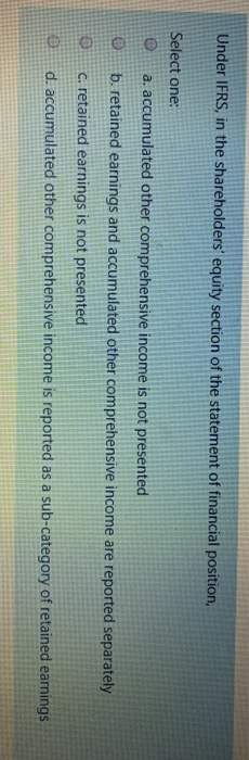 Under IFRS, in the shareholders equity section of the statement of financial position, Select one: a. accumulated other comp
