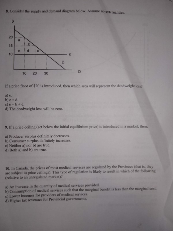 8. Consider the supply and demand diagram below. Assume no externalities. c de 10 20 30 If a price floor of $20 is introduced