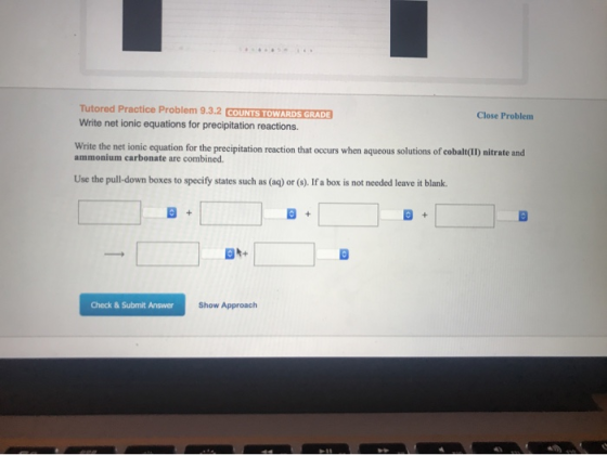 Tutored Practice Problem 9.3.2 COUNTS TOWARDS GRADE Write net ionic equations for precipitation reactions Close Problem Write