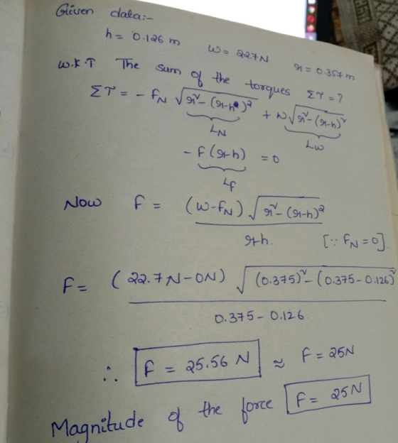Given data:- h= 0.126 m w = 227N 91=0.357 m Wakil The sum of the torques EY = ? {T=- FN ex- (61-ha)? twvor (6-6) LN -f(a+h) =