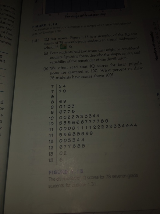 entertai s mob oximate inmen latform eir fam of free y time Servings of fruit per day FIGURE 1.1 The dstrbuton of frt consumptnimple o74 rs for Exerose 1 30 scores of 78 seventh-grade students in a rural midwestern school. (a) Four students had low scores that might be considered 1Q test scores. Figure 1.15 is a stemplot of the 1Q test 1.31 ment outliers. Ignoring these, describe the shape, centet, and variability of the remainder of the distribution. nt tions are centered at 100. What percent of these 78 students have scores above 100? (b) We often read that IQ scores for large popula 7 2 4 7 79 8 8 69 9 01 33 9 6778 10 0022333 344 10 555666777789 11 00001 1 11 22223 3 3 4444 11 55688999 12 003 3 44 12 677888 13 02 13 6 d. or The dsriou scores for 78 seventh-grade students forDec 13 FIG