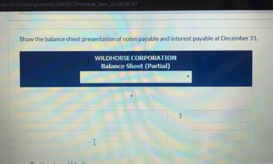 es/29423/assignments/2863913?module_item_id=9636747 Show the balance sheet presentation of notes payable and interest payable