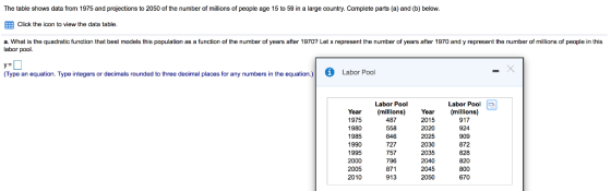 The table shows data from 1975 and projections to 2050 of the number of millions of people age 15 to 59 in a large country. C