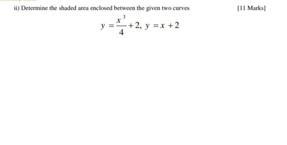 [11 Marks) ii) Determine the shaded area enclosed between the given two curves 3 +2, y = x + 2 4 y =
