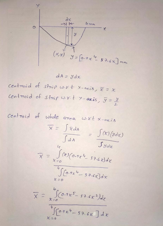 doc IK O Х 9 (x,y) y = [.ext 57.6x]mm dA=dx centroid of strip w.rot x-axis, uc = x centroid of strip wor.t y-axis, j = 1 2 ce