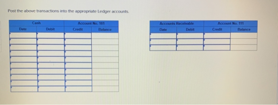 Post the above transactions into the appropriate Ledger accounts. Cash Date Account No. 101 Credit Balance Accounts Receivabl