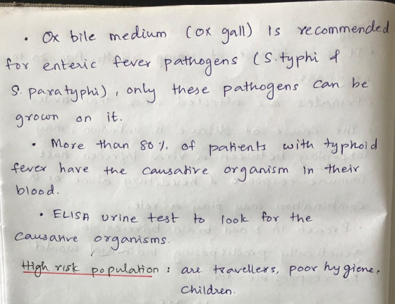 . Ox bile medium cox gall) is recommended for enteric fever pathogens (S. typhi & S. para typhi), only these pathogens can be